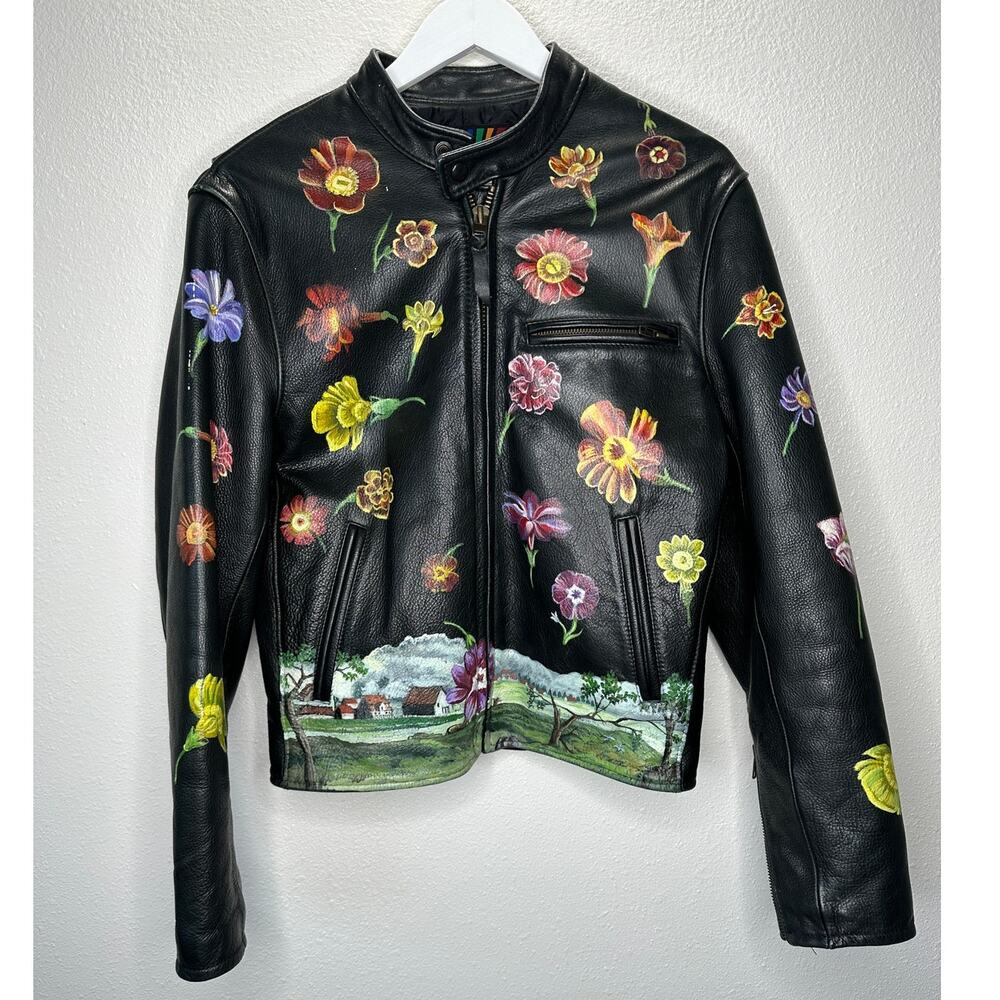 Libertine Hand-Painted Floral Skull Black Leather Moto Jacket M